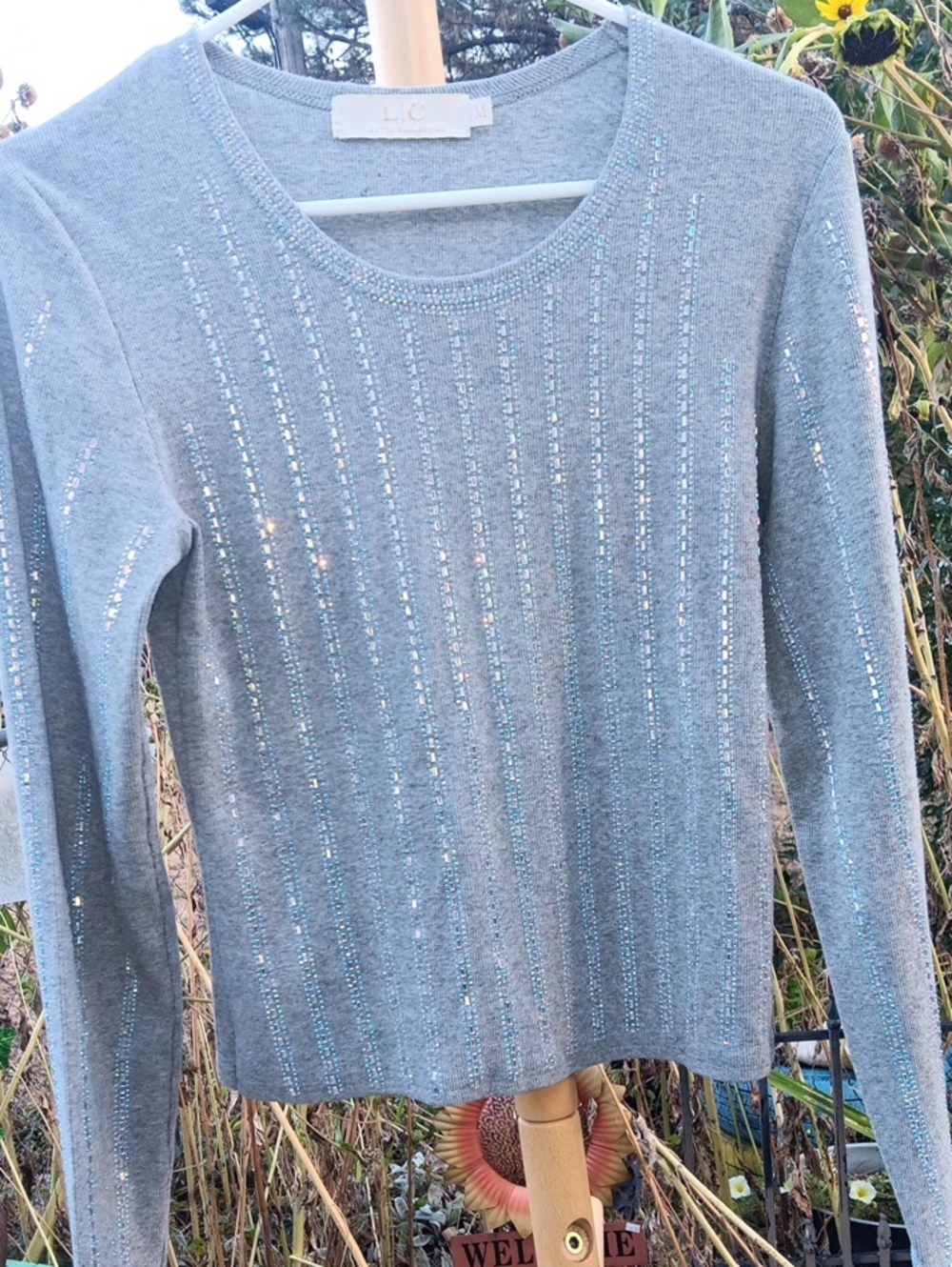 Silver-Striped Grey Long Sleeve Sweater